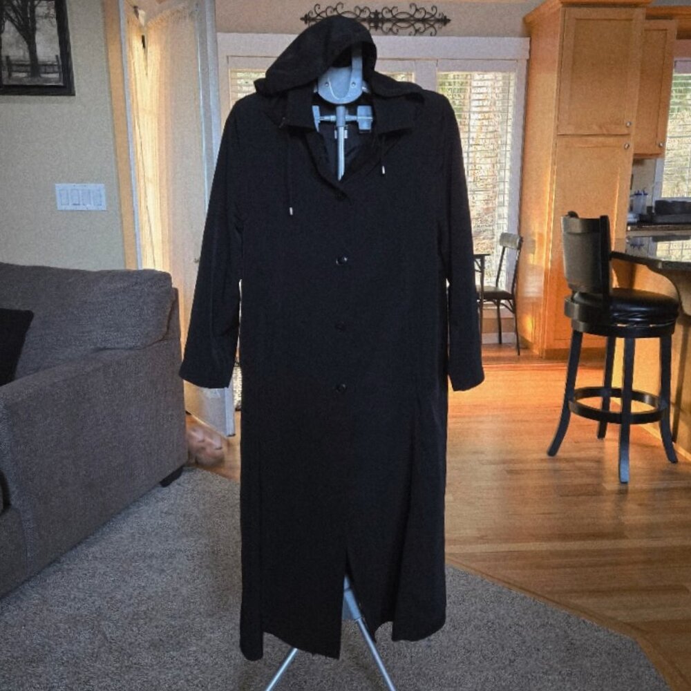 NWT Vintage Mulberry Street black sz Medium hooded trench coat hidden pouch - Picture 2 of 7
